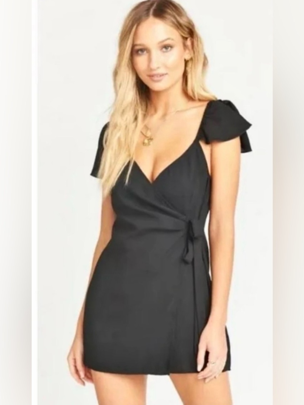 Show Me Your Mumu Black Wrap Romper with Tie & Shoulder Flutter Sleeve Sz M - Picture 3 of 14